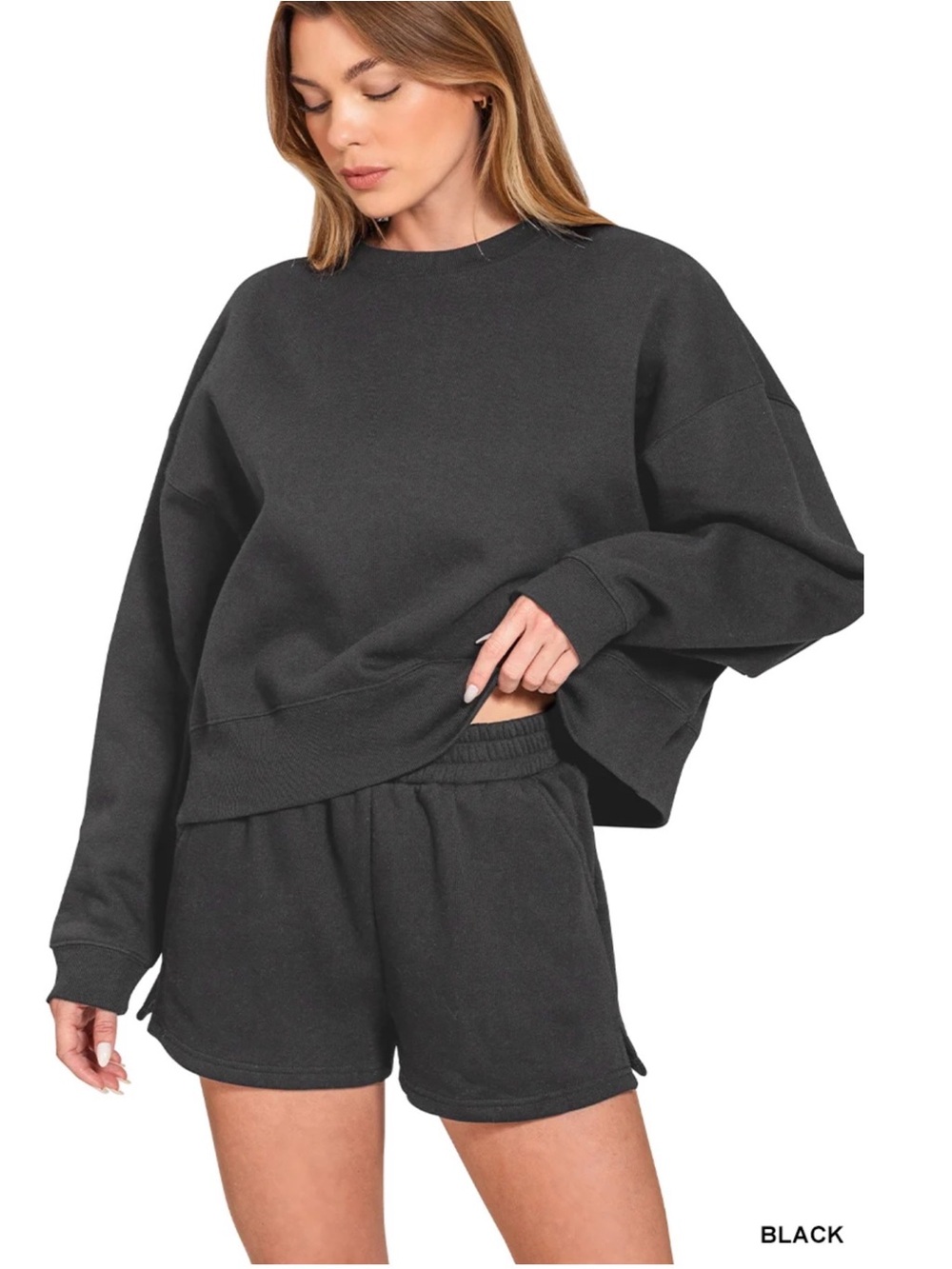 Zenana Outfitters Black Crewneck Sweatshirt and Shorts Set